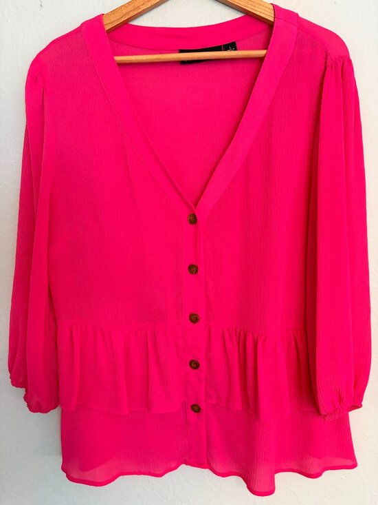 New York & Company Tops - Hot Pink Peplum Blouse Womens L Sheer Long Sleeve Button Top Barbiecore Workwear